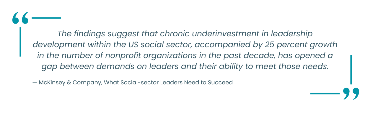 Quote discussing how chronic underinvestment in leadership development in the US social sector, alongside a 25% increase in nonprofit organizations over the past decade, has created a gap between the demands placed on leaders and their capacity to meet those demands.