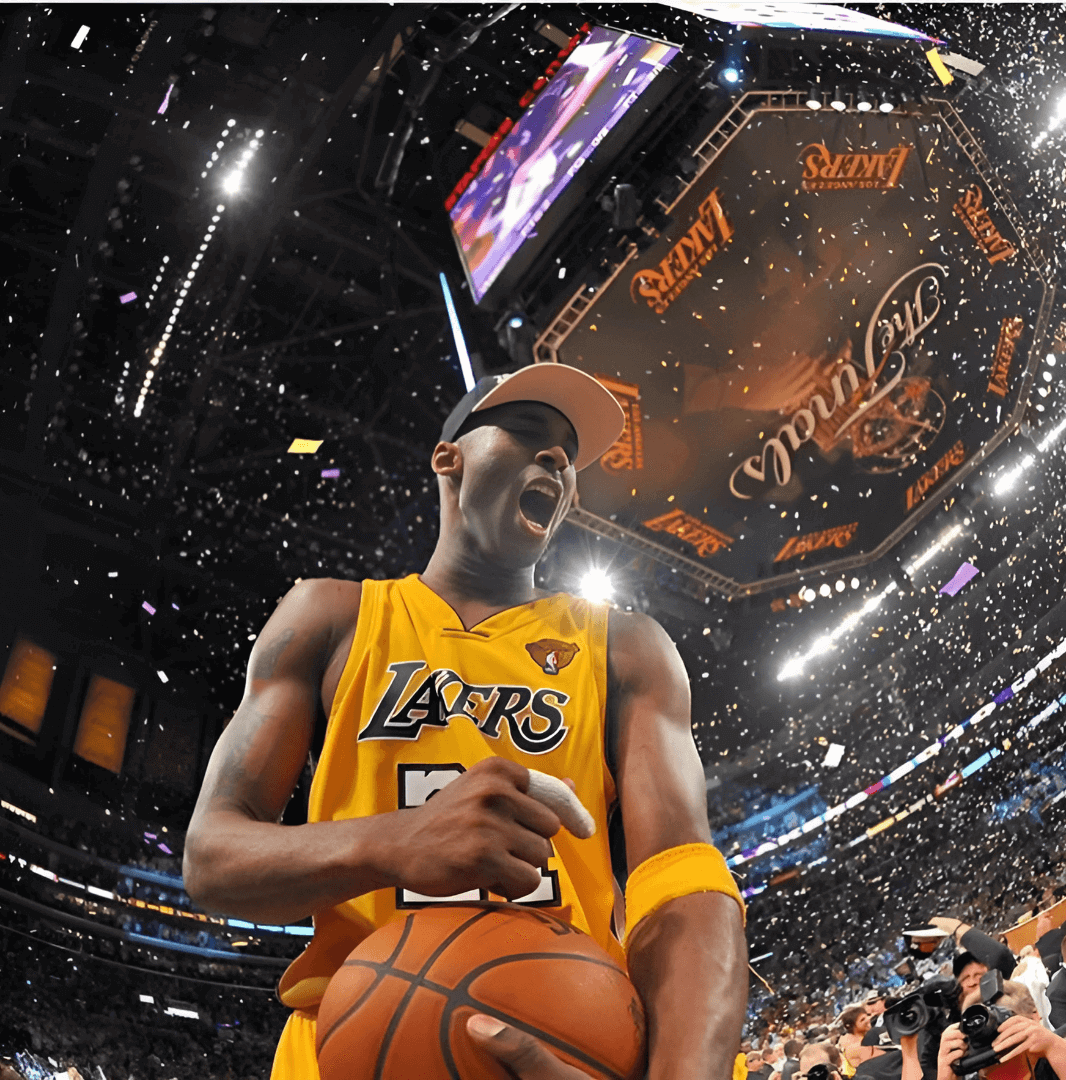 Basketball professional Kobe Bryant celebrating triumphantly after winning. Confetti all around, crowd cheering.